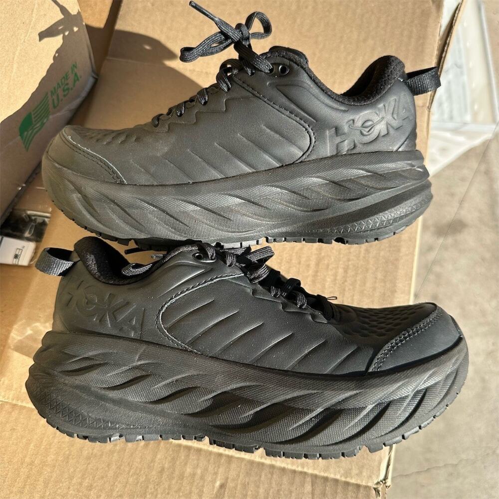 HOKA Bondi SR Triple Black Leather Sneakers 1110521-BBLC Womens Size 8 US | EUC